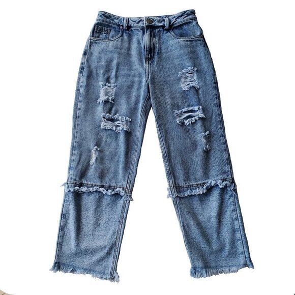 High Rise  Patchwork Wide Leg Colorblock Distressed Denim Cropped Ankle Jeans S - Picture 4 of 16